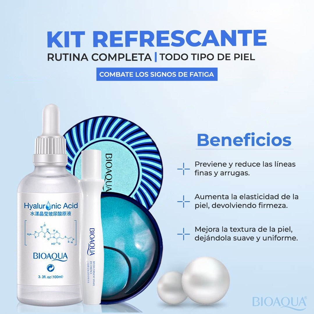 KIT REFRESCANTE: ÁCIDO HIALURÓNICO -  PARCHES HIDRATANTES - ROLL-ON CONTORNO DE OJOS